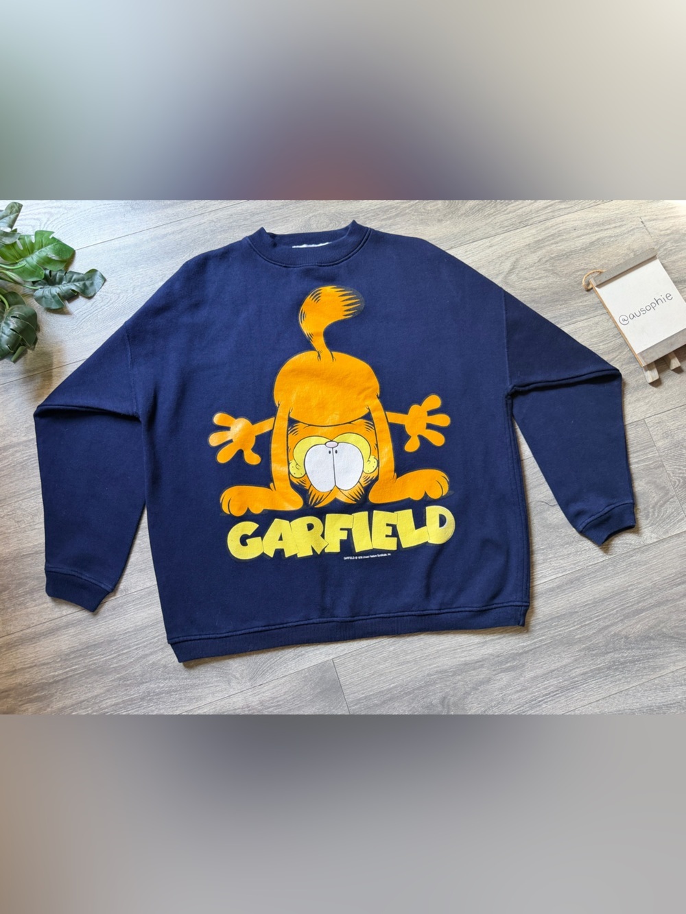 Vintage Paris Sport Club Garfield Double Sided Graphic Navy Crew Sweatshirt L